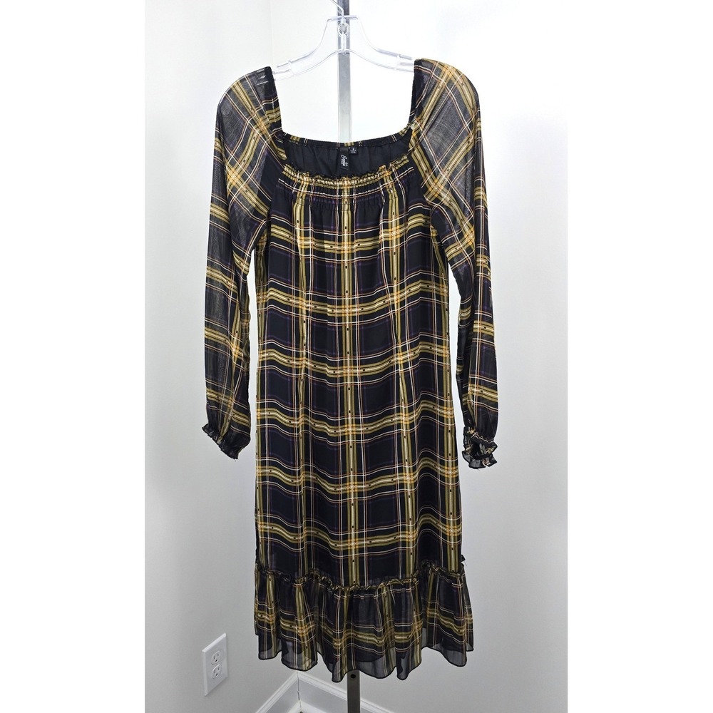 Essentials‎ by Milano Plaid Off Shoulder Dress Black Brown 6